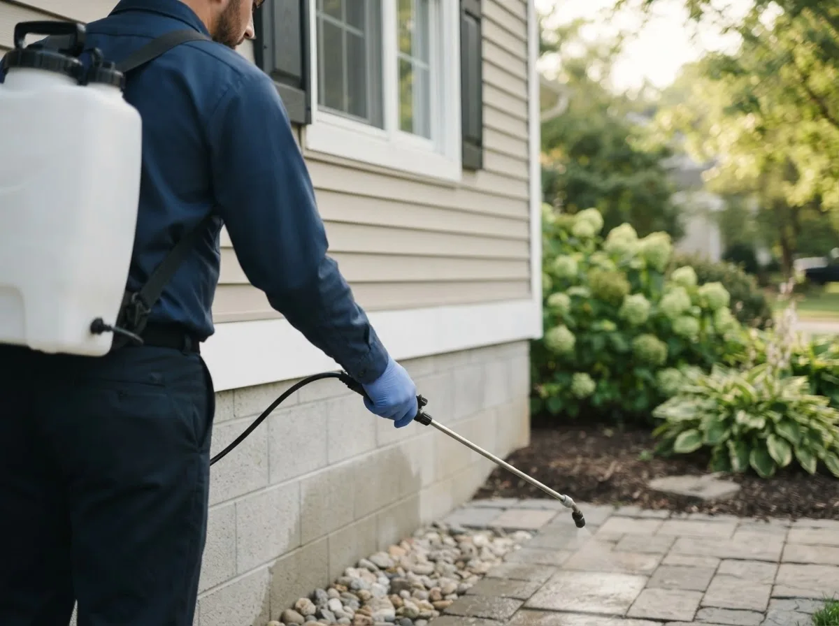 Pest control technician inspecting a home in Gould, OK